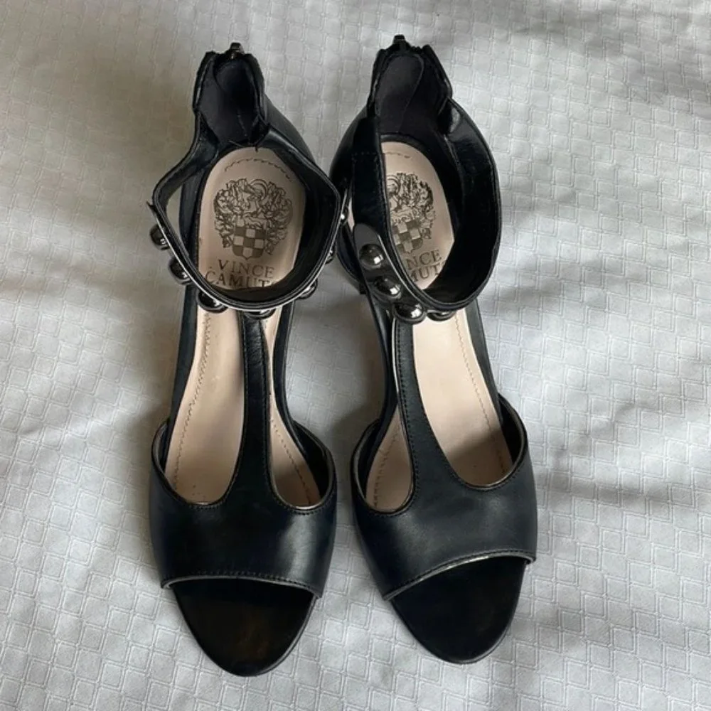 VINCE Camuto Black Leather Embellished Heels - Picture 4 of 9